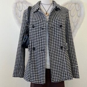 Whimsy Twee Houndstooth Double Breasted Pea coat Jacket Wool Blend 2000s Tweed